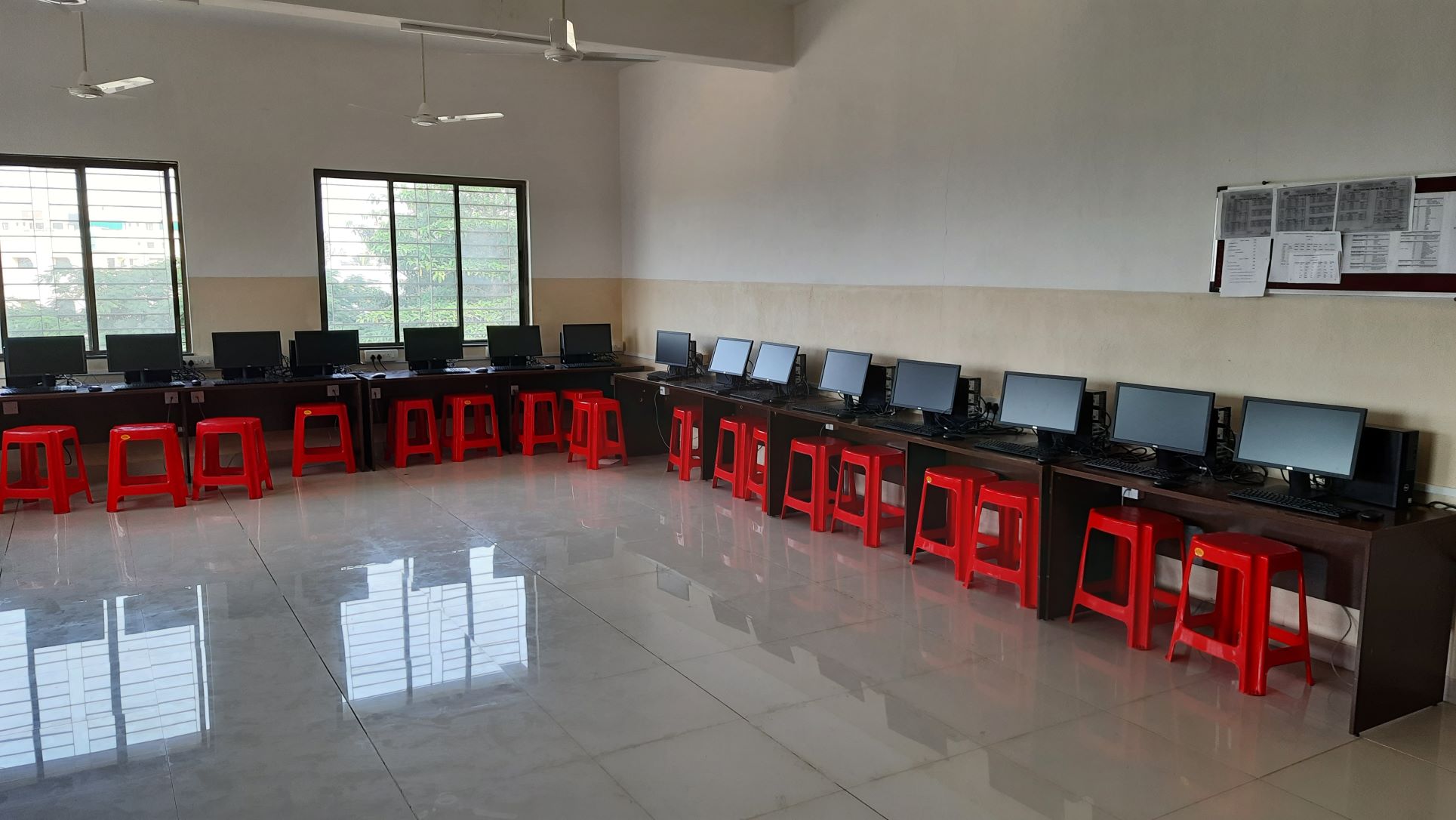 A row of computers in the computer lab